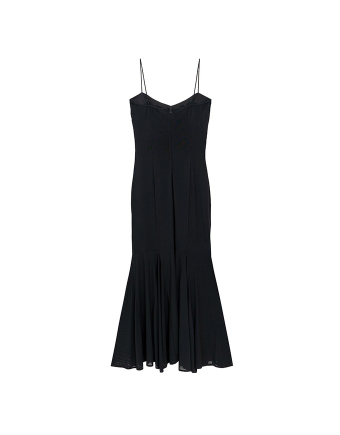 Satin Spaghetti Strap Padded Maxi Dress with Sheer Panel Flare Hem